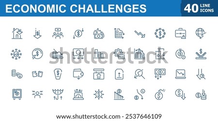 Economic Challenges thin line icon set. Includes thin line reduction, bankrupt, fail, risk, statistics, decrease and more. Minimalist icon collections. Pixel perfect. Editable vector stroke.