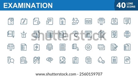 Icons examination set in linear style. Related to education, exam, select, fail, on, score, question and more. Perfect for logos and infographics. Minimalist editable vector illustration.