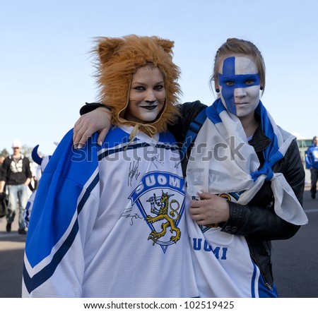 HELSINKI, FINLAND-MAY14:Ice Unidentified Hockey Fans waiting for Kazakhstan VS Finland game to start in 2012 Ice Hockey World Championship in Finland & Sweden at Hartwall Arena on May 14, 2012 in Helsinki, Finland