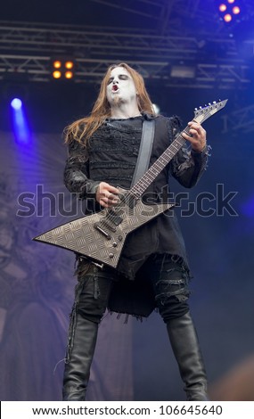HELSINKI, FINLAND - JUNE 30: Polish blackened death metal  band Behemoth performs live on stage June30,  2012 at 15th annual Tuska Open Air Metal Festival in Suvilahti, in Helsinki, Finland.