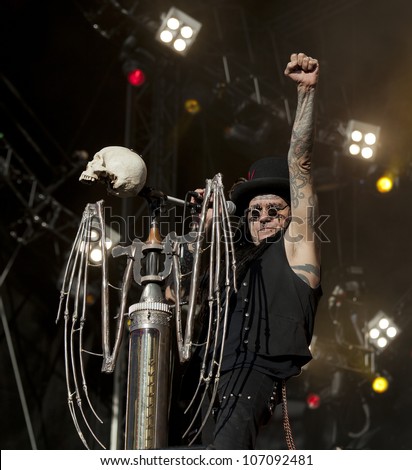 HELSINKI, FINLAND - JULY 1: American industrial metal band Ministry performs live on stage July 1, 2012 at 15th annual Tuska Open Air Metal Festival in Suvilahti, in Helsinki, Finland.