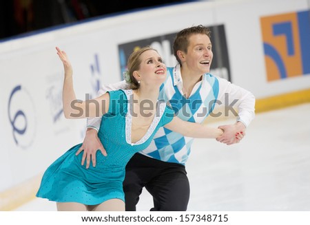ESPOO,FINLAND-OCTOBER 5:Henna Lindholm and Ossi Kanervo from Finland compete in ice dance free dance skating event at Finlandia Trophy Espoo 2013 on October 5,2013 at Barona Arena in Espoo, Finland