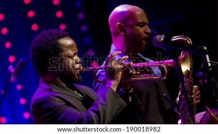 ESPOO,FINLAND-APRIL  26,2014 Ambrose Akinmusire  Quintet performs live on 28th April Jazz. He won 2012 DownBeat Critics Poll for Best Jazz Trumpet and Thelonious Monk International Jazz Competition