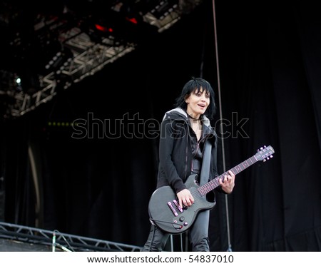 HELSINKI,FINLAND-JUNE 8:American rock guitarist, singer and songwriter Joan Jett and the Blackhearts live on stage as support for Green Day at Kylasaari in Finland on June 8,2010 in Helsinki,Finland