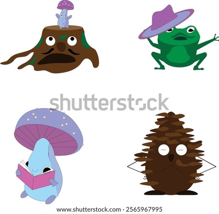 Pack of forest characters illustrations. Mushroom with book, mushroom on stump, frog with hat and a cone. All of them are ungrouped and completely editable