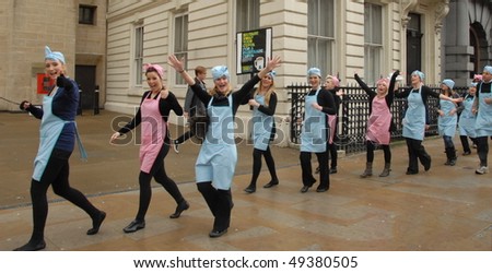 WESTMINSTER, LONDON - FEBRUARY 25: Fair trade campaigners dressed as tea ladies process through the capital on February 25, 2010 in Westminster, London