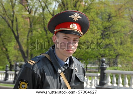MOSCOW, RUSSIA - MAY 8: Young policeman guards the Kremlin during the visit of heads of state on May 8, 2010 in Moscow, Russia. Leaders gathered to mark the 60th anniversary of the end of WW2.