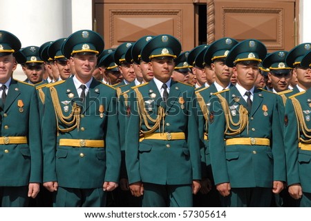 MOSCOW, RUSSIA - MAY 8: Tajik troops stand to attention on May 8, 2010 in Moscow, Russia. Their visit to the Kremlin marked the 60th anniversary of the end of WW2.