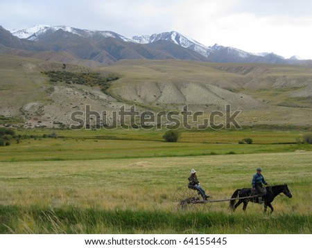 NARYN, KYRGYZSTAN - JULY 3: A farmer harvests his field with a horse drawn plow on July 3, 2010 in Naryn, Kyrgyzstan. Agricultural production has been severely affected by April\'s violent revolution.