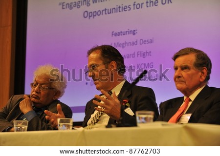 LONDON - OCT 25: Lord Desai, Lord Flight and Sir David John join in debate on October 25, 2011 at CBS, London. They are discussing the importance of the UK's active engagement with Asia.