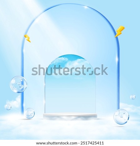 Blue sky, bright sunlight, serum bubbles. Cloud background, white podium platform, minimal 3D rendering for cosmetic banner design, flash sale. Sky nature landscape vector scene.