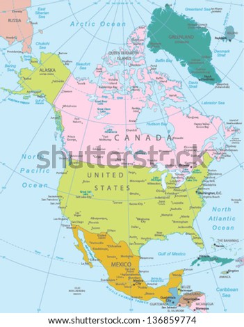 North America -highly detailed map.All elements are separated in editable layers clearly labeled. Vector