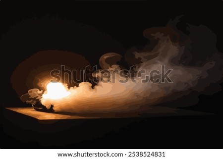 A soft plume of smoke emanates from a lamp resting on a table, adding a touch of mystery to the setting.