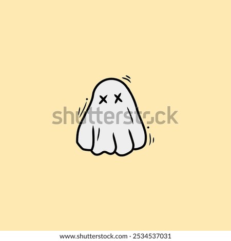 This image depicts a simple vector of a cute, small ghost with X's for eyes, outlined in black, floating against a soft yellow background.