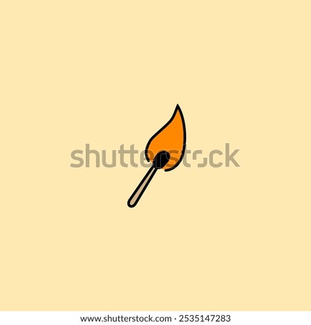 This is a minimalist vector illustration of a lit match. The flame is orange with a black outline, and the matchstick is simple with a thin black outline against a light yellow background.