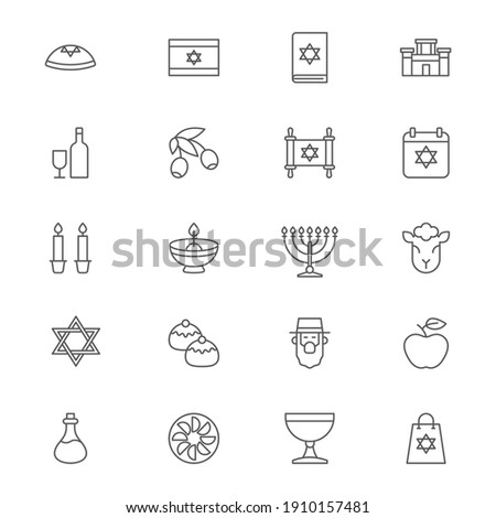 Judaism icons set, outline, glyph. filled vector symbol collection. Signs, logo illustration. Set includes icons as jewish holiday hanukkah, david star, food and drinks