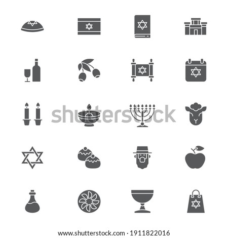 Judaism icons set, outline, glyph. filled vector symbol collection. Signs, logo illustration. Set includes icons as jewish holiday hanukkah, david star, food and drinks