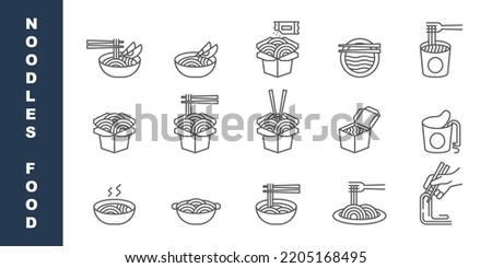 Noodles food line icons set. linear style symbols collection, outline signs pack. Instant noodles vector graphics. Set includes icons such as ramen soup, Chinese takeaway food, box, and chopsticks, wo