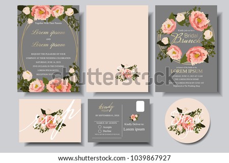 Set of Wedding invitation Card with bumming floral on gray background. Bridle shower card.RSVP.Thank you card for your wedding celebration.