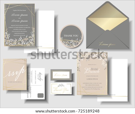 Set of Pink and Gray  has a small flower  and gold frame wedding invitation card template.Can be adapted to use for birthday. Invitation cards minimalist style. Vector/Illustration.