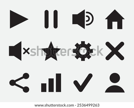 Set of simple black game icons, featuring play, pause, settings, and other control symbols