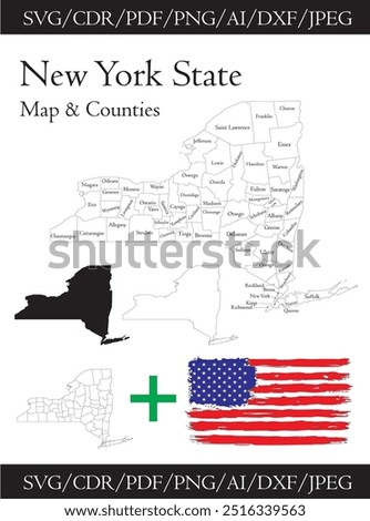 New York State vector outline silhouette New York State with counties cut file New York State map