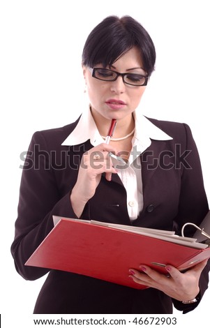Portrait of a thinking successful business woman holding a big red file and a pen isolated over white background