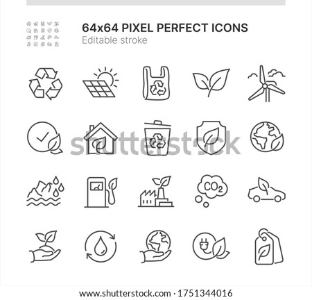 Simple Set of Icons Related to Ecology. Contains such icons as Green Energy, Recycling, Ecology Friendly Production and more. Lined Style. 64x64 Pixel Perfect. Editable Stroke.