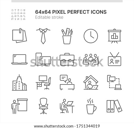 Simple Set of Icons Related to Office Work. Contains such icons as Work from Home, Meeting, Reception and more. Lined Style. 64x64 Pixel Perfect. Editable Stroke.