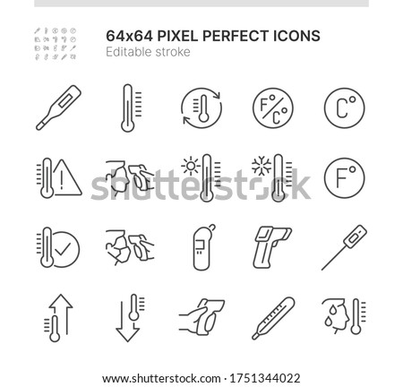 Simple Set of Icons Related to Temperature. Contains such icons as Body Temperature Check, Thermometer, Heat - Cold and more. Lined Style. 64x64 Pixel Perfect. Editable Stroke.