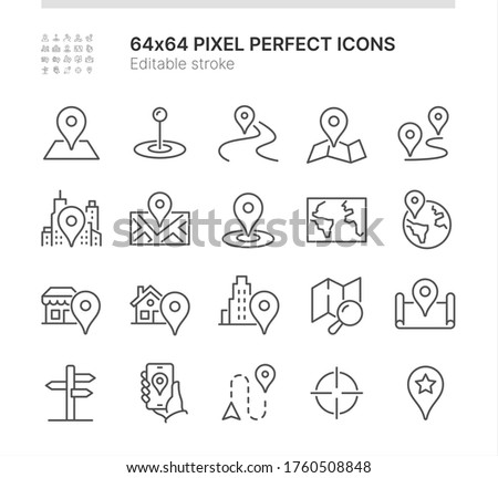 Simple Set of Icons Related to Navigation. Contains such icons as Path, World Map, Store Locator and more. Lined Style. 64x64 Pixel Perfect. Editable Stroke.