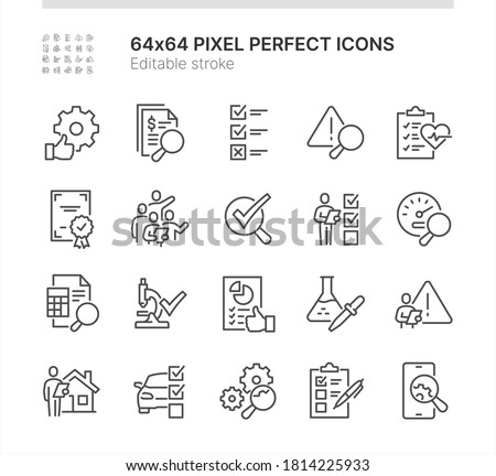 Simple Set of Icons Related to Checkup. Contains such icons as Financial Audit, Medical Exam, Laboratory Test and more. Lined Style. 64x64 Pixel Perfect. Editable Stroke.