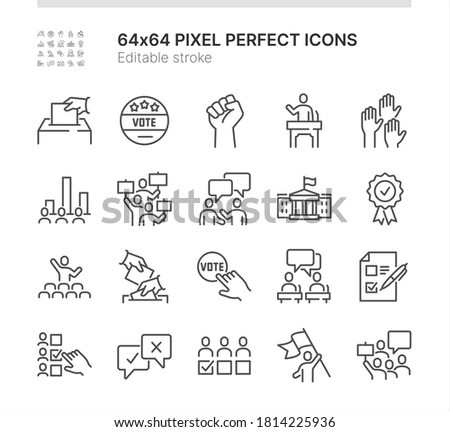Simple Set of Icons Related to Elections. Contains such icons as Demonstration, Public Speech, Voting and more. Lined Style. 64x64 Pixel Perfect. Editable Stroke.