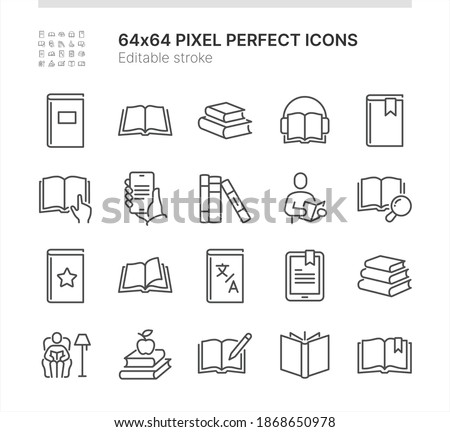 Simple Set of Icons Related to Books. Contains such icons as Reading Man, Opened Book, Dictionary and more. Lined Style. 64x64 Pixel Perfect. Editable Stroke.