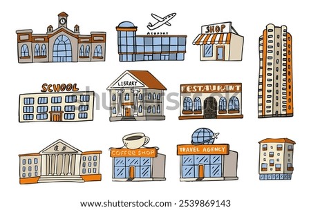 A colorful illustration of various city buildings including an airport, school, library, and restaurant