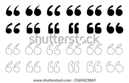 Quotes, quotation marks fill and outline isolated icon set.