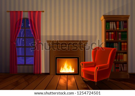Vector illustration of beautiful warm christmas interior. Classic furniture, design elements. Living room with fireplace. Winter cold weather outside. Glowing flame, library, bookshelf. Red velvet.