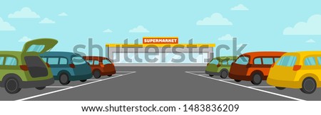 Vector flat illustration of supermarket parking lot with cars. Open trunk.  Grocery store. Road marking. Shopping trip. Cartoon background, personal transport, traffic, carriage. Good weather blue sky