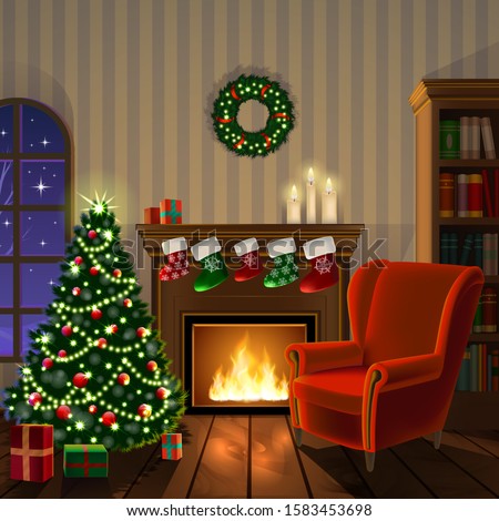 Beautiful vector christmas illustration of a cozy room with fine decorated christmas tree and vintage classic furniture. X-mas garlands, soft candle light, warm fireplace, present boxes. Square card