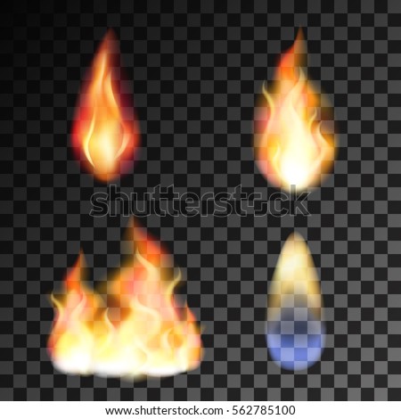 Vector isolated set of transparent realistic flame effects. Fire illustration, candle light, burning, hot, devouring element, bonfire, twinkle, combustion. torch, match, gas, energy, shine
