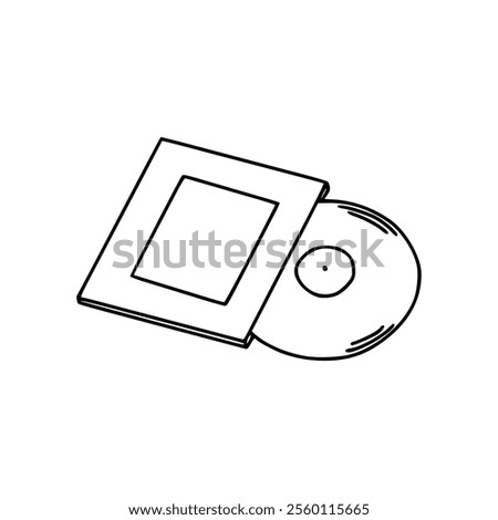 A black and white drawing of a cd and a book