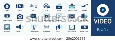 Video icon set. Containing camera, play, pause, media, online video, live, production, player, movie and cinema icons. Solid icon collection.