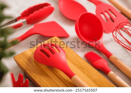 Image, Stock Photo Kitchen utensils on a pink table. Colorful baking tools