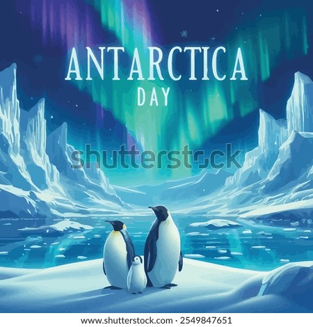 Antarctica Day and Penguins standing on icebergs