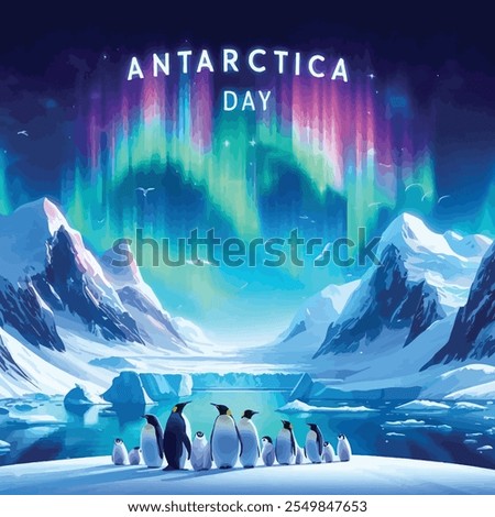 Antarctica Day and Penguins standing on icebergs