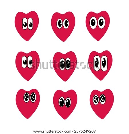 Set of heart icons. Funny, amusing faces.Valentine's Day icons.Heart-shaped icons.Cartoon icons. Hearts with eyes in red color.