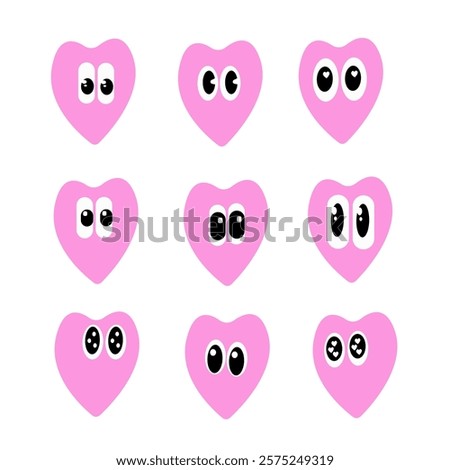 Set of heart icons. Funny, amusing faces.Valentine's Day icons.Heart-shaped icons.Cartoon icons. Hearts with eyes in red color.