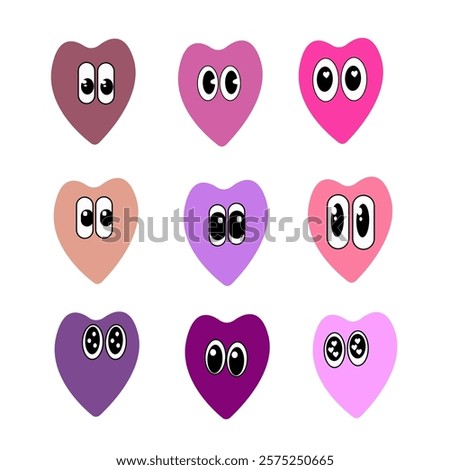 Set of heart icons. Funny, amusing faces.Valentine's Day icons.Heart-shaped icons.Cartoon icons. Hearts with eyes in red, pink, purple colors