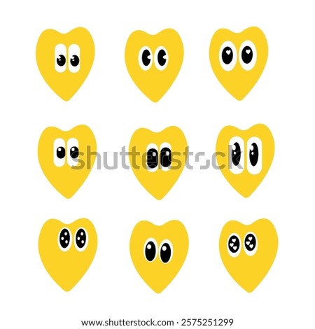 Set of heart icons. Funny, amusing faces.Valentine's Day icons.Heart-shaped icons.Cartoon icons. Hearts with eyes in yellow color.