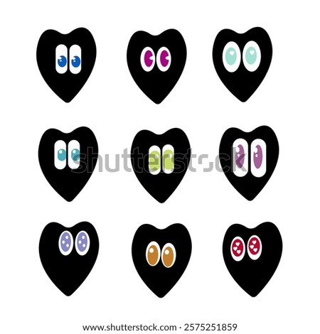 Set of heart icons. Funny, amusing faces.Valentine's Day icons.Heart-shaped icons.Cartoon icons. Hearts with eyes in black color with colored eyes.